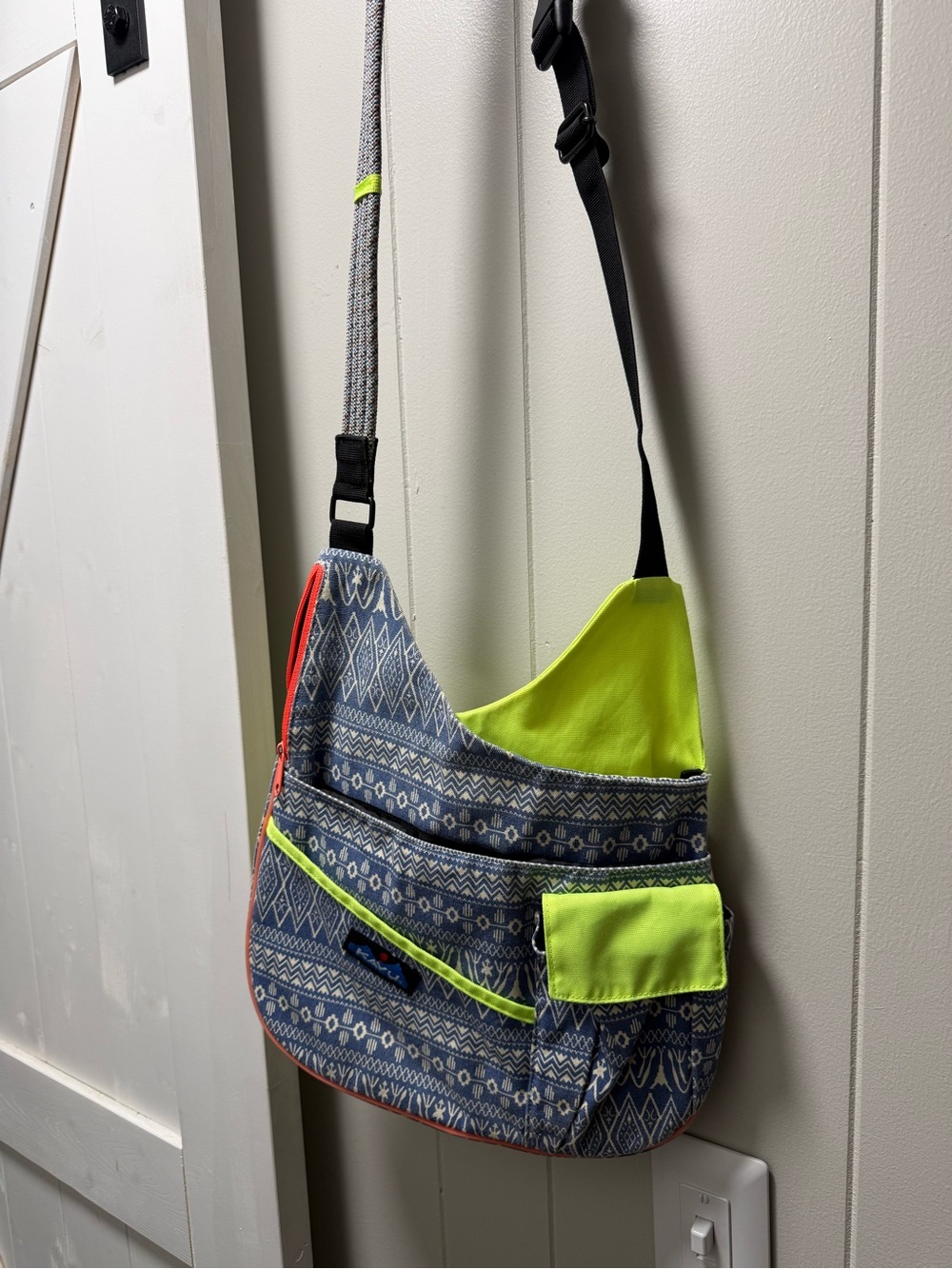 Kavu Blue Patterned Crossbody with Neon Lime & Coral Accents